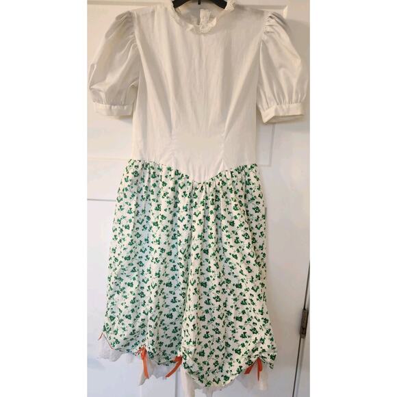 Vintage Green St. Patrick's Day Irish Shamrock Girl's Prairie Dress Puff Sleeves - Picture 13 of 15